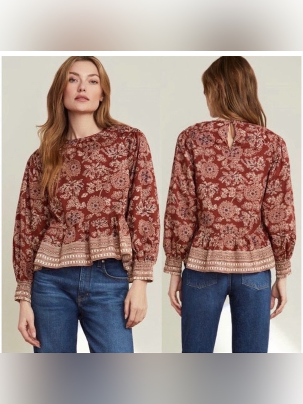 Veronica Beard Rust Floral Smocked Peasant Top Size 2